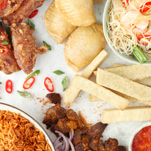Delicious Wings, Meat Pies, Prawn Noodles, Jollof Rice and Beef Suya, found in Afrisian's Feast Deals.